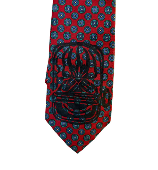 Handprinted Vintage Resilio Red Silk Blue Diamond Pattern Necktie