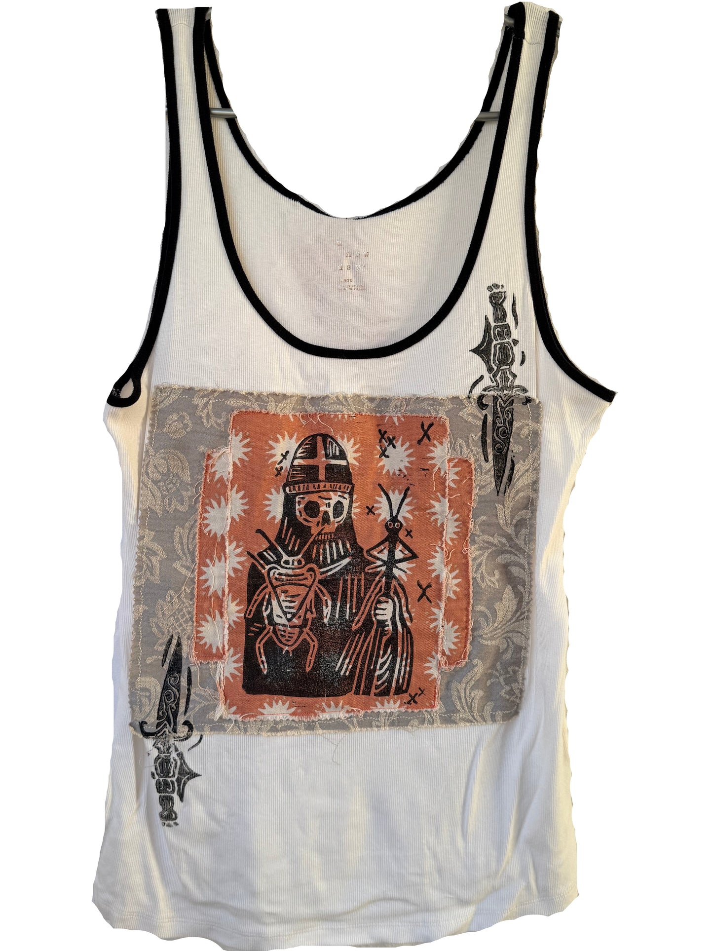 Handprinted+Patched White Tank Top L