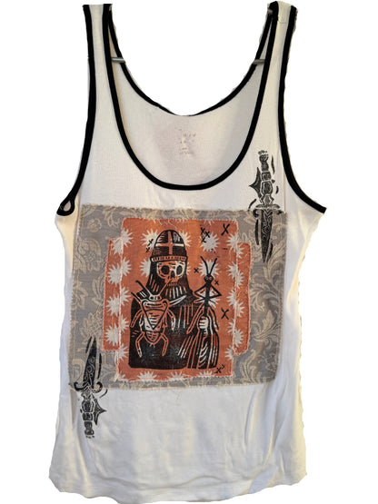 Handprinted+Patched White Tank Top L