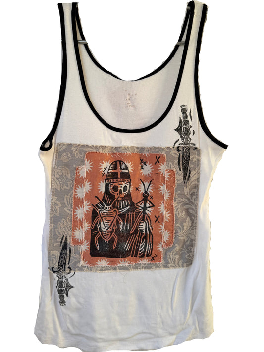 Handprinted+Patched White Tank Top L