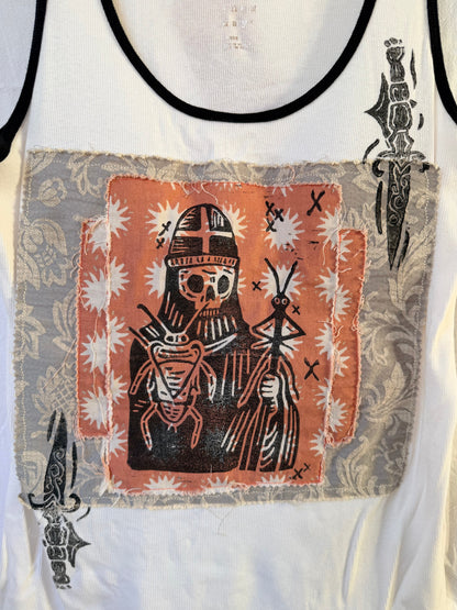 Handprinted+Patched White Tank Top L