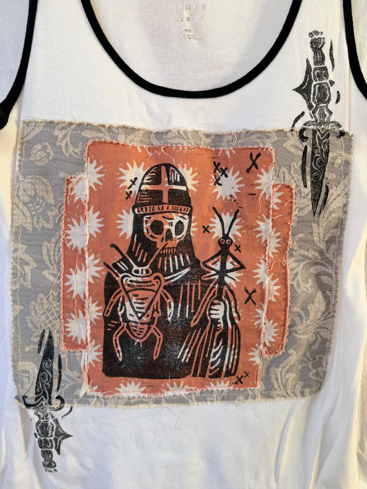 Handprinted+Patched White Tank Top L