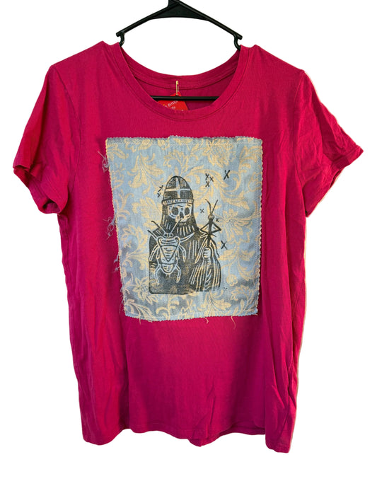 Handprinted+Patched Magenta Shirt L