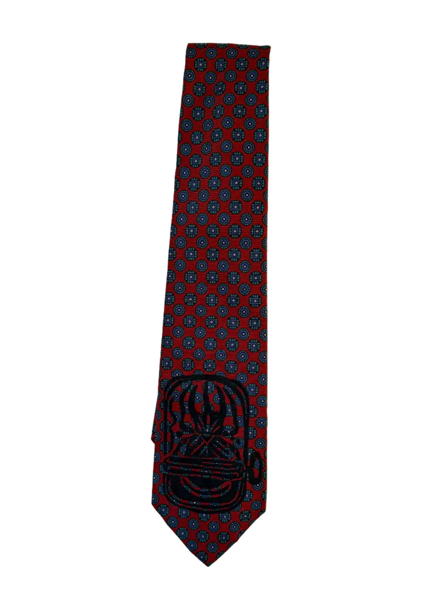 Handprinted Vintage Resilio Red Silk Blue Diamond Pattern Necktie