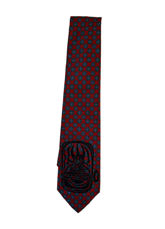 Handprinted Vintage Resilio Red Silk Blue Diamond Pattern Necktie