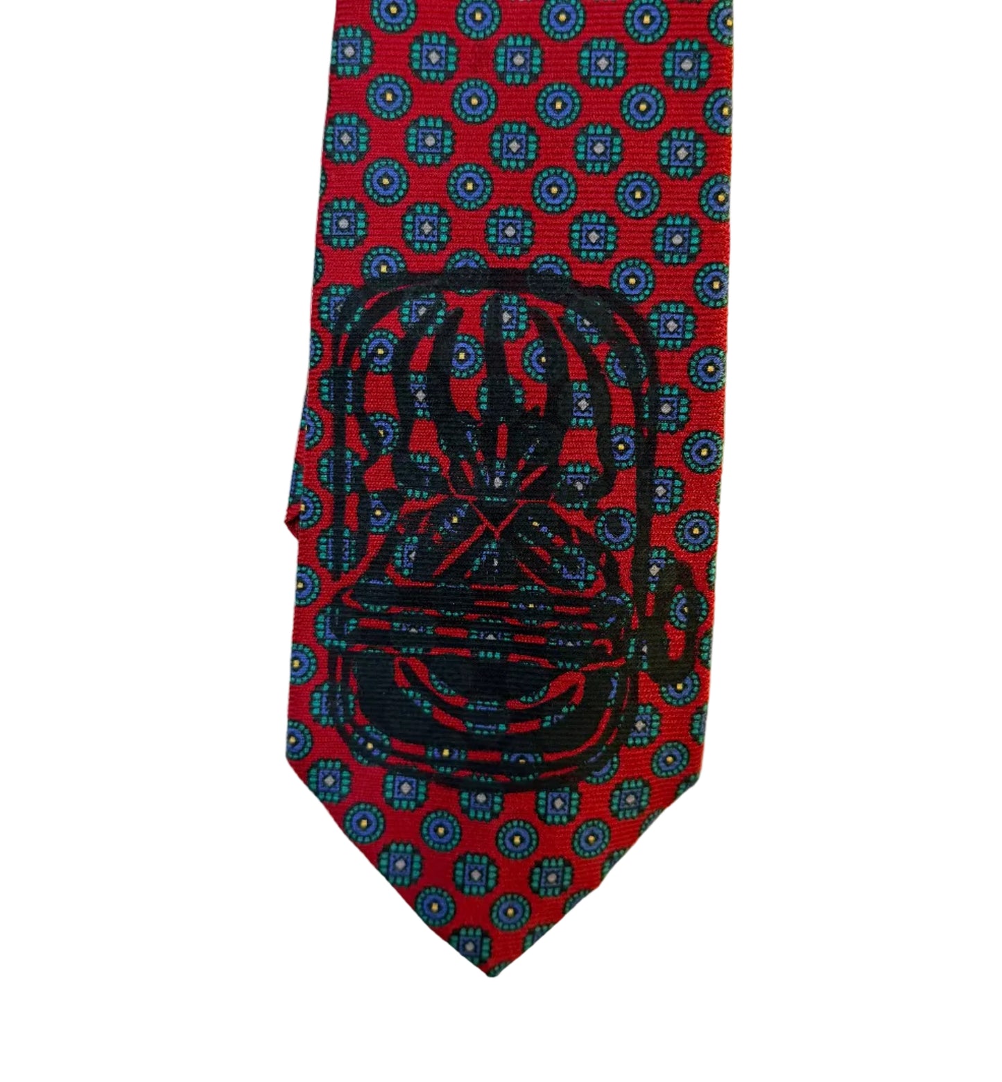Handprinted Vintage Resilio Red Silk Blue Diamond Pattern Necktie