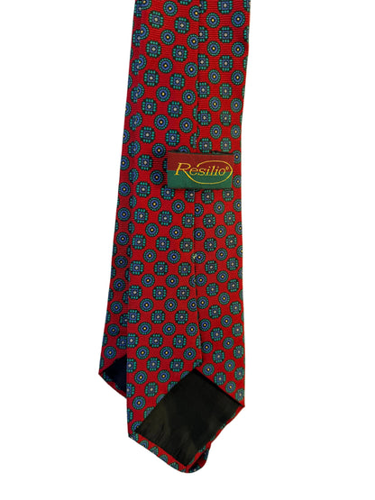 Handprinted Vintage Resilio Red Silk Blue Diamond Pattern Necktie