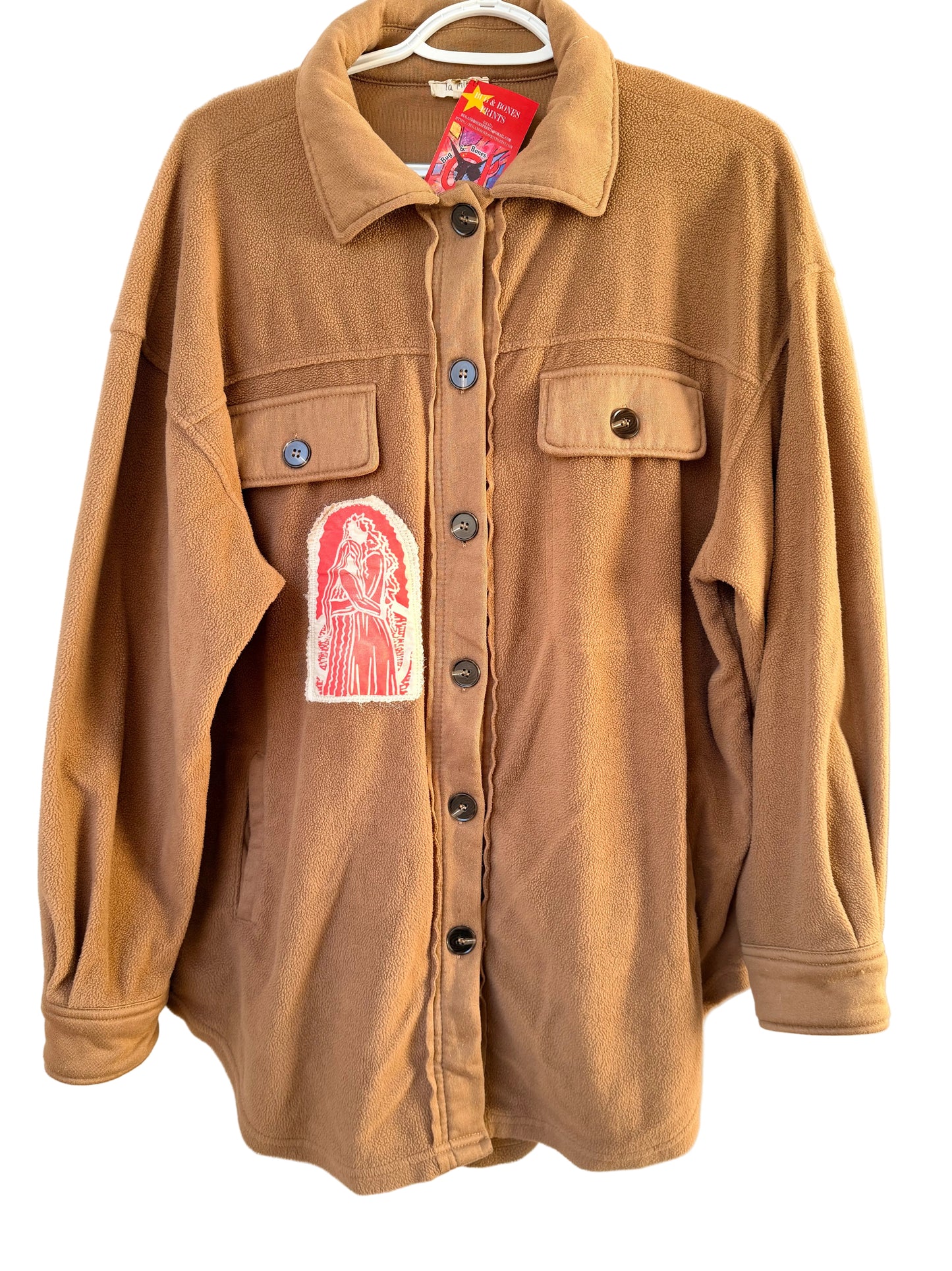 Handprinted Patched 'La Miel Boutique Soft Fleece Button Down Shacket' M